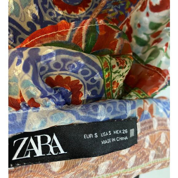 ZARA Boho Ruffled Neckline Swiss Dot Chiffon Patchwork Print Blouse Size Small - Picture 3 of 9